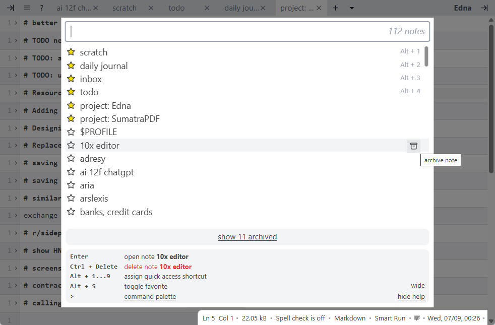Archive in note selector